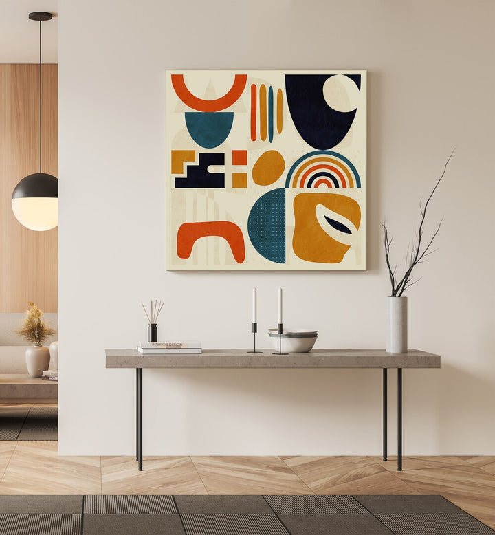 Quadrate Bunt III By Ana Rut Bre Abstract Art Abstract Paintings in Gallery Wrap placed on a Beige Colored Wall above a Console Table in the Drawing Room