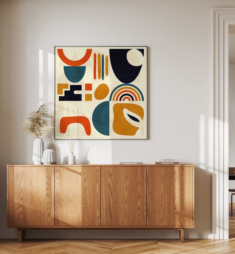 Quadrate Bunt III By Ana Rut Bre Abstract Art Abstract Paintings in Black Plain Frame placed on a Cream Colored Wall above a Console Table in the Drawing Room