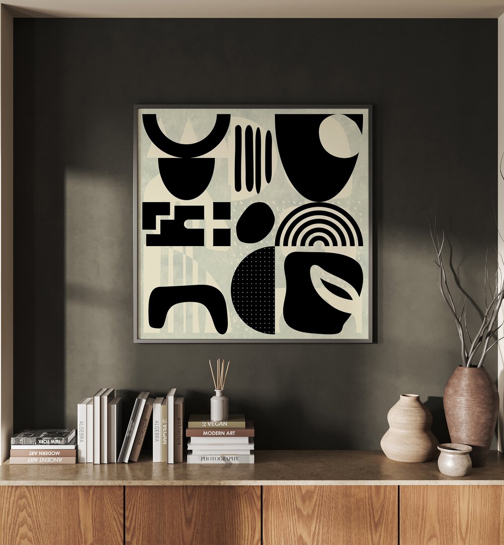 Quadrate SW Kopie I By Ana Rut Bre Abstract Art Abstract Paintings in Black Plain Frame placed on a Dark Grey Colored Wall above a Console Table