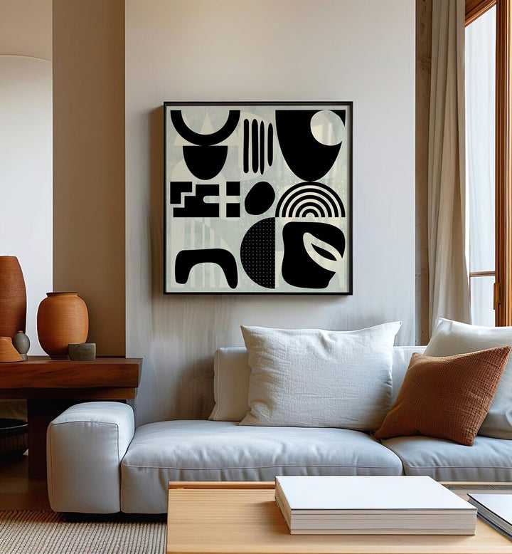 Quadrate SW Kopie I By Ana Rut Bre Abstract Art Abstract Paintings in Black Plain Frame placed on a Beige Colored Wall near a White Sofa in the Living Room