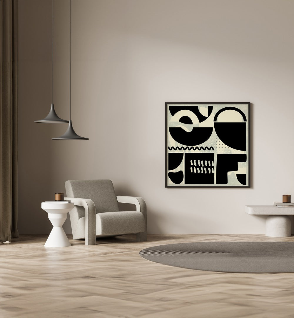 Quadrate SW Kopie II By Ana Rut Bre Abstract Art Abstract Paintings in Black Plain Frame placed on a Beige Colored Wall in the Drawing Room