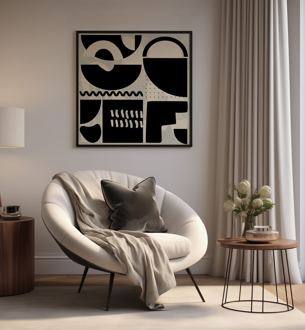 Quadrate SW Kopie II By Ana Rut Bre Abstract Art Abstract Paintings in Black Plain Frame placed on a Beige Colored Wall in the Drawing Room