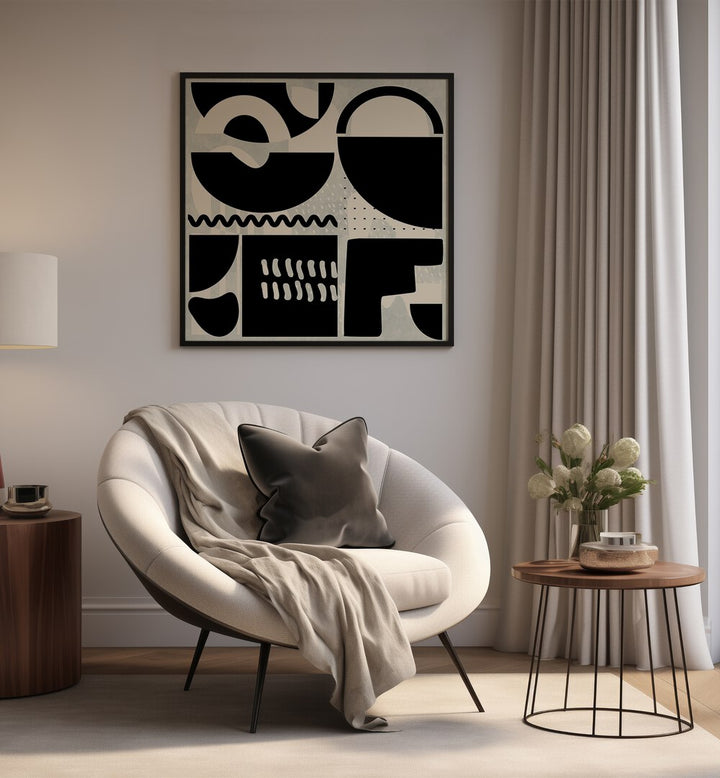 Quadrate SW Kopie II By Ana Rut Bre Abstract Art Abstract Paintings in Black Plain Frame placed on a Beige Colored Wall in the Drawing Room