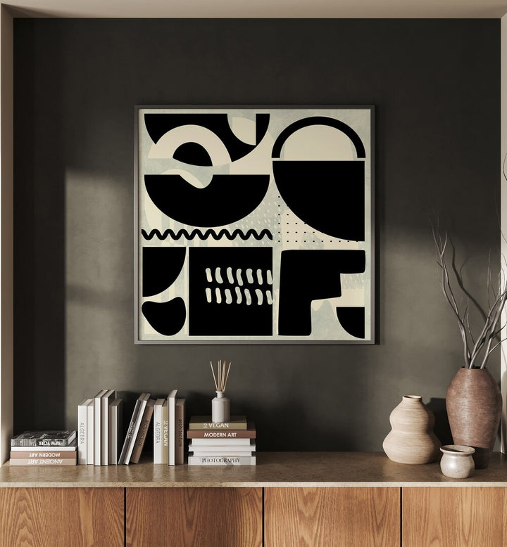 Quadrate SW Kopie II By Ana Rut Bre Abstract Art Abstract Paintings in Black Plain Frame placed on a Dark Grey Colored Wall above a Console Table 