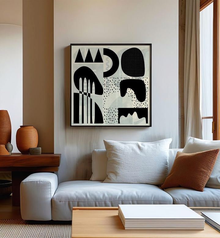 Quadrate SW Kopie III By Ana Rut Bre Abstract Art Abstract Paintings in Black Plain Frame placed on a Beige Colored Wall near a White Sofa in the Living Room