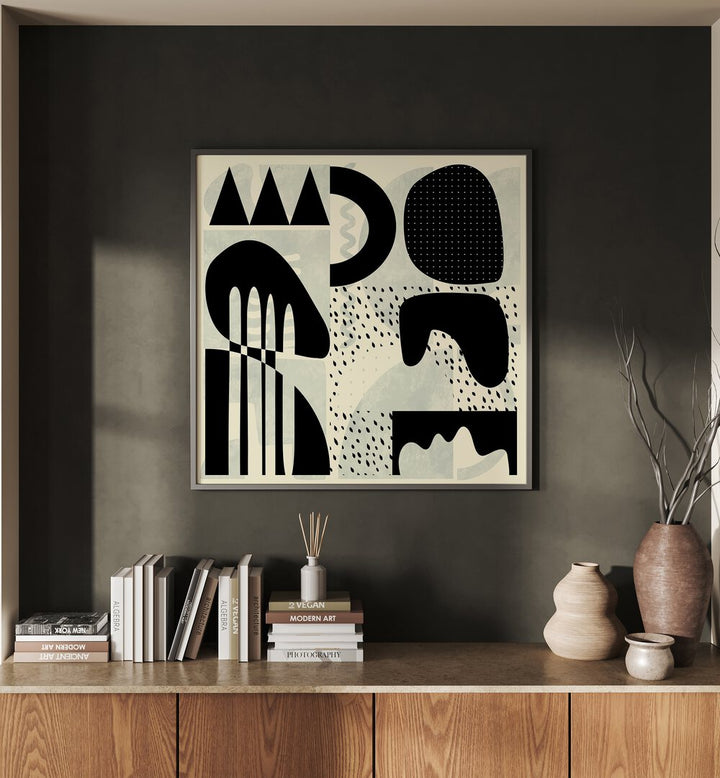 Quadrate SW Kopie III By Ana Rut Bre Abstract Art Abstract Paintings in Black Plain Frame placed on a Dark Grey Colored Wall above a Console Table 