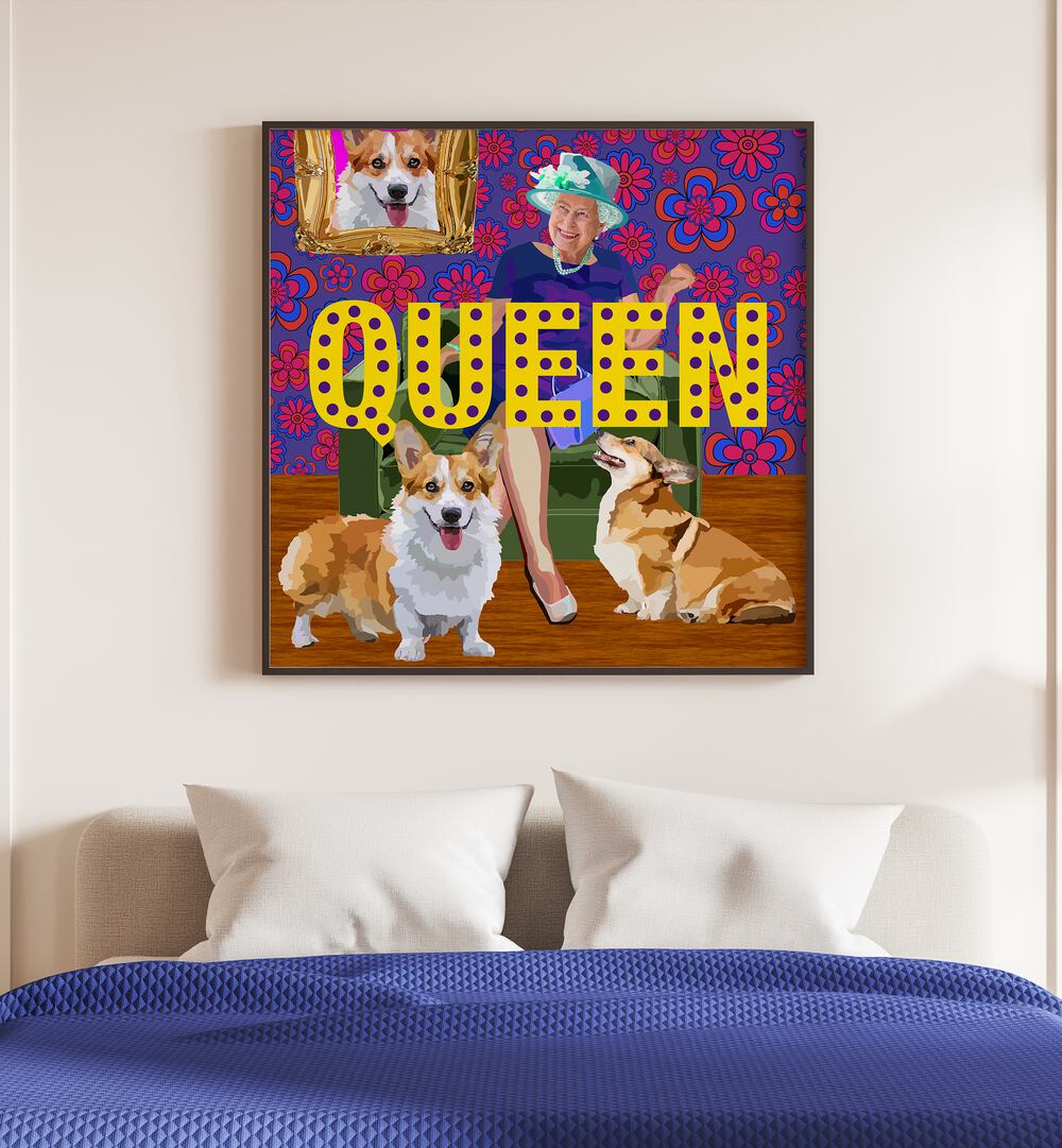 Queen By Lynnda Rakos Pop Art Paintings Pop Art Prints in Black Plain Frame placed on a wall behind a bed