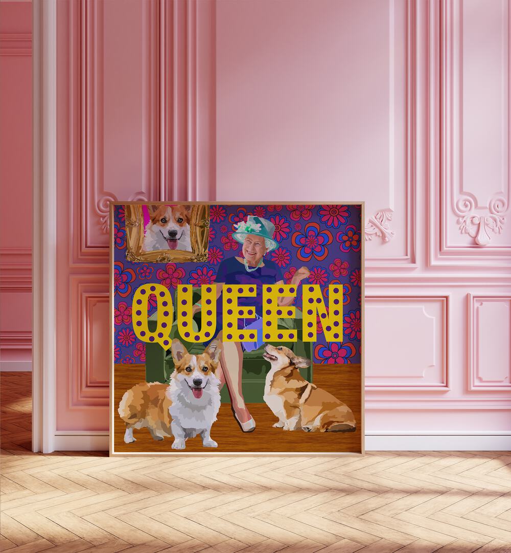 Queen By Lynnda Rakos Pop Art Paintings Pop Art Prints in Oak Wood Plain Frame placed on the floor beside a window