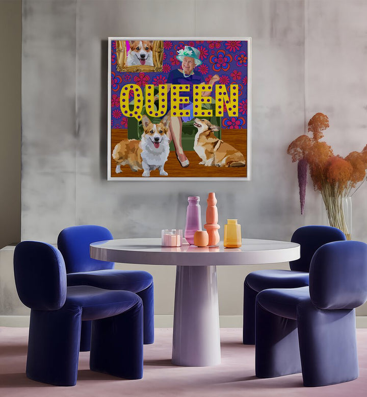 Queen By Lynnda Rakos Pop Art Paintings Pop Art Prints in White Plain Frame placed on a wall behind a dining table 