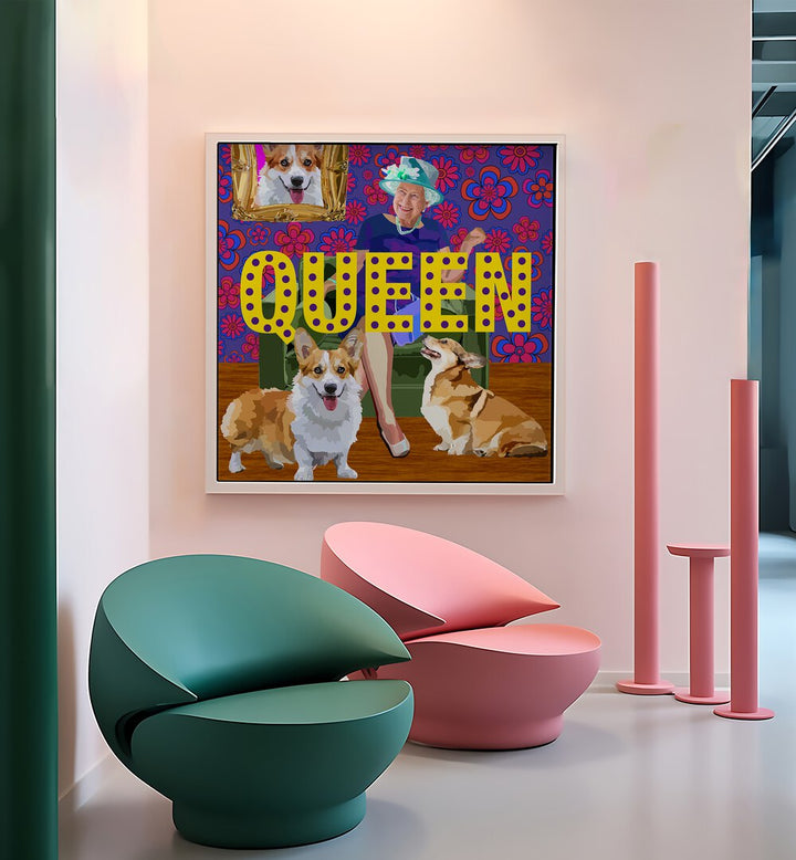 Queen By Lynnda Rakos Pop Art Paintings Pop Art Prints in White Plain Frame placed on a wall beside chairs