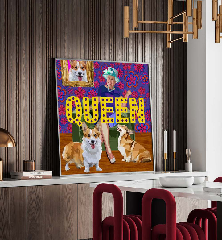 Queen By Lynnda Rakos Pop Art Paintings Pop Art Prints in Oak Wood Plain Frame placed on a  table behind a dining table