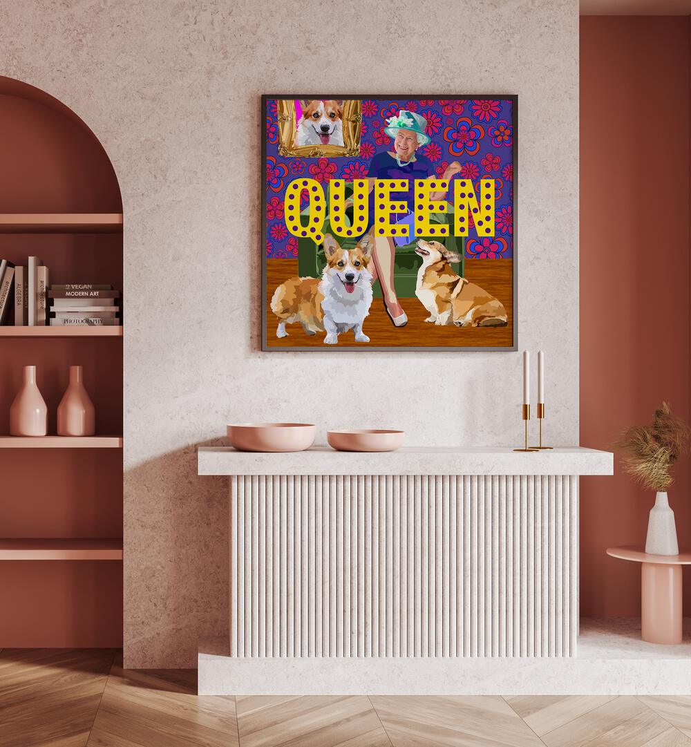 Queen By Lynnda Rakos Pop Art Paintings Pop Art Prints in Oak Wood Plain Frame  placed on a wall behind a table