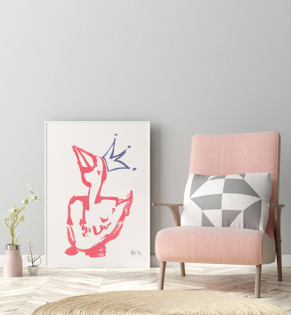 Queen Duck Coral By Ania Zwara Kids Room Paintings Kids Room Wallart in White Plain Frame placed on the floor near a Grey Colored Wall in the Drawing Room