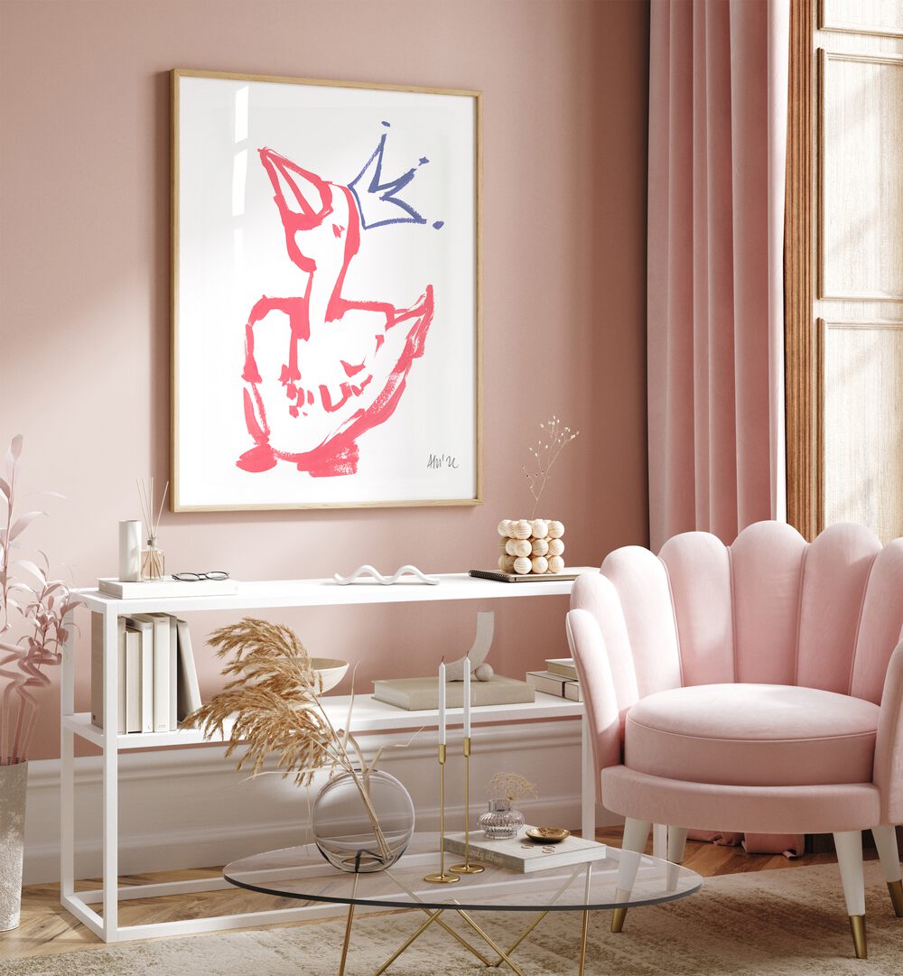 Queen Duck Coral By Ania Zwara Kids Room Paintings Kids Room Wallart in Oak Wood Plain Frame placed on a Pink Colored Wall above a Console Table in the Drawing Room