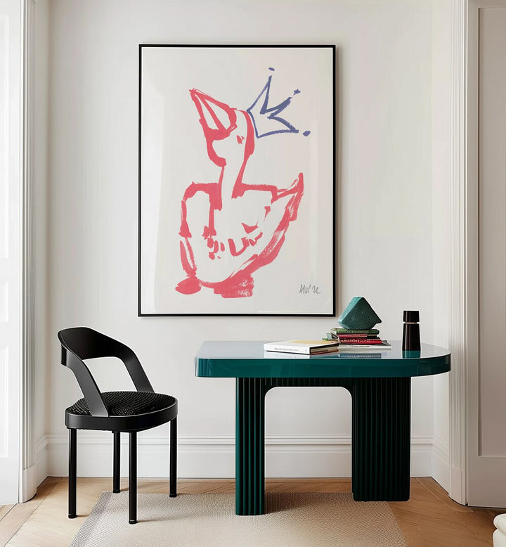 Queen Duck Coral By Ania Zwara Kids Room Paintings Kids Room Wallart in Black Plain Frame placed on a Cream Colored Wall near a Table in a Workspace in the Drawing Room