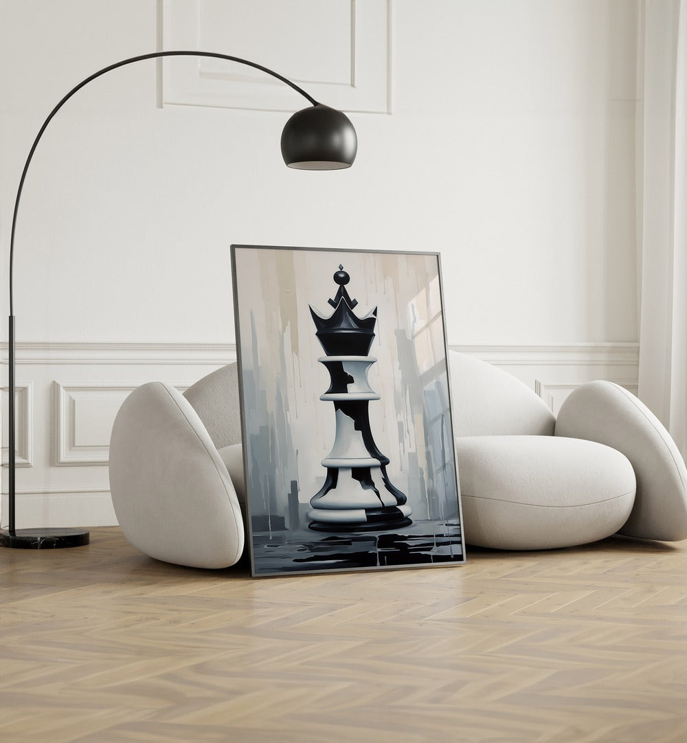 Queen Gaming Posters in Black Plain Frame placed on the floor near a White Sofa in the Living Room