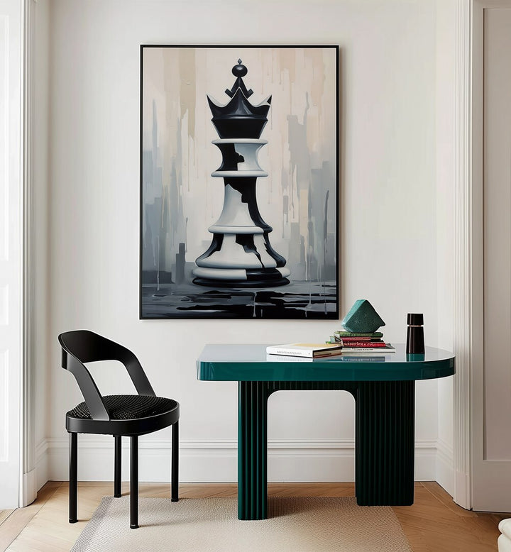 Queen Gaming Posters in Black Plain Frame placed on a Cream Colored Wall near a Study Table in a Workspace in the Drawing Room