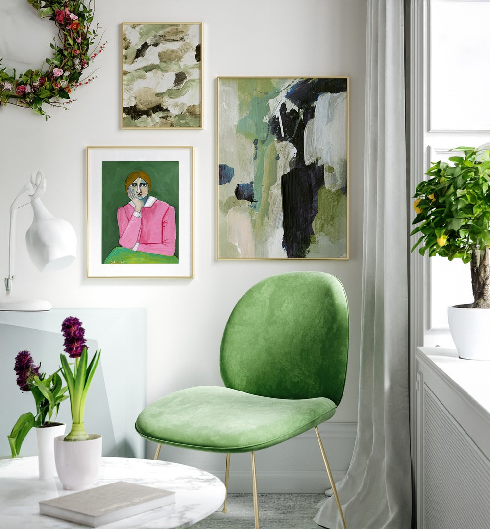 Serene living space featuring the QUIET MOODS GALLERY WALL, GALLERY WALLS with calming art prints for a tranquil ambiance.