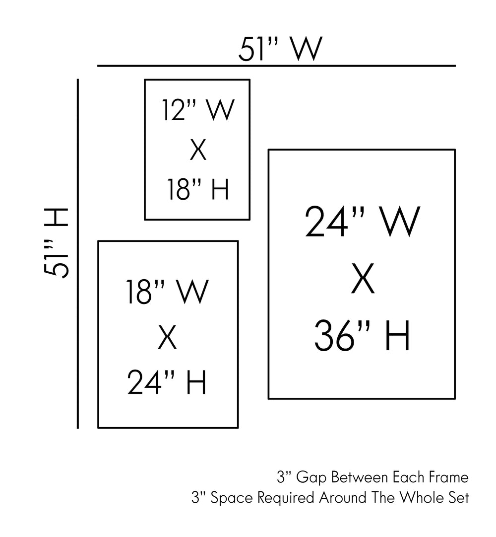 Size guide for the QUIET MOODS GALLERY WALL, GALLERY WALLS & SETS, featuring dimensions for a serene art display.