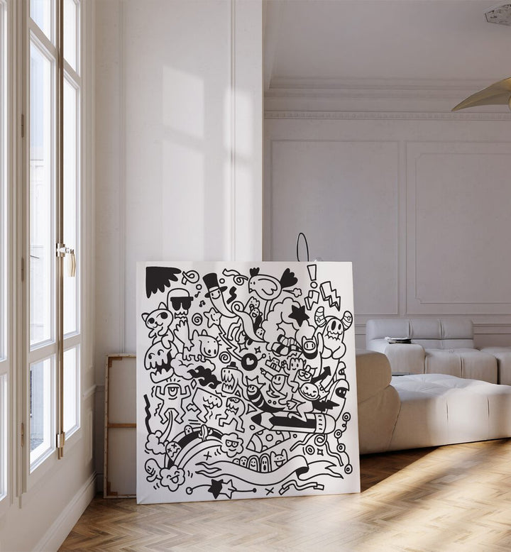 Quirk Quest Doodle Art Painting in Gallery Wrap it is placed on the floor beside the window.