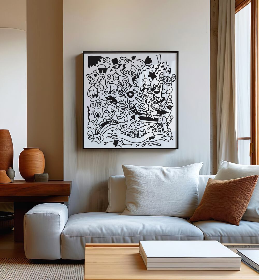 Quirk Quest Doodle Art Painting in Black Plain Frame it is placed on the wall behind the sofa.