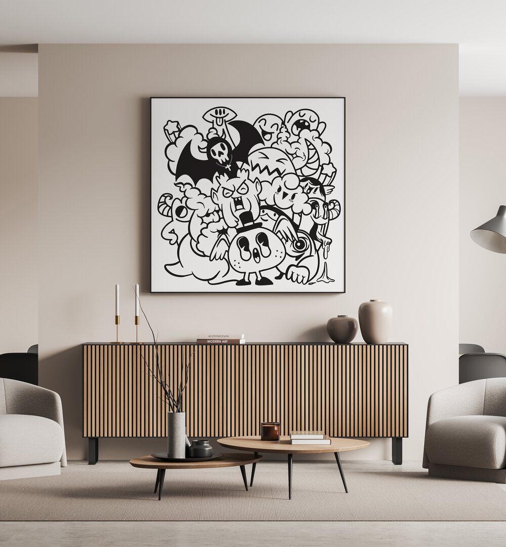 Quirky Quandaries Doodle Art Painting in Black Plain Frame it is placed on the wall behind the table