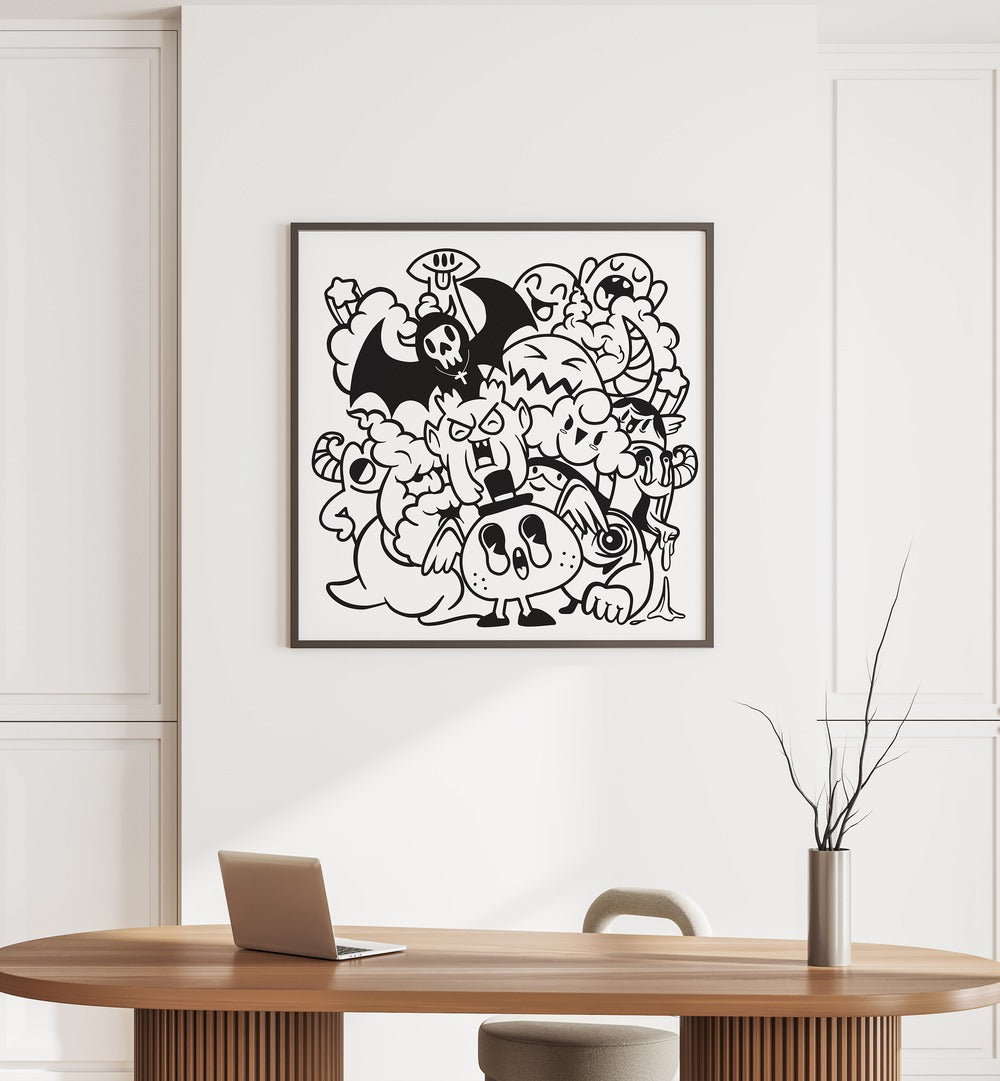 Quirky Quandaries Doodle Art Painting in Black Plain Frame it is placed on the wall behind the work table