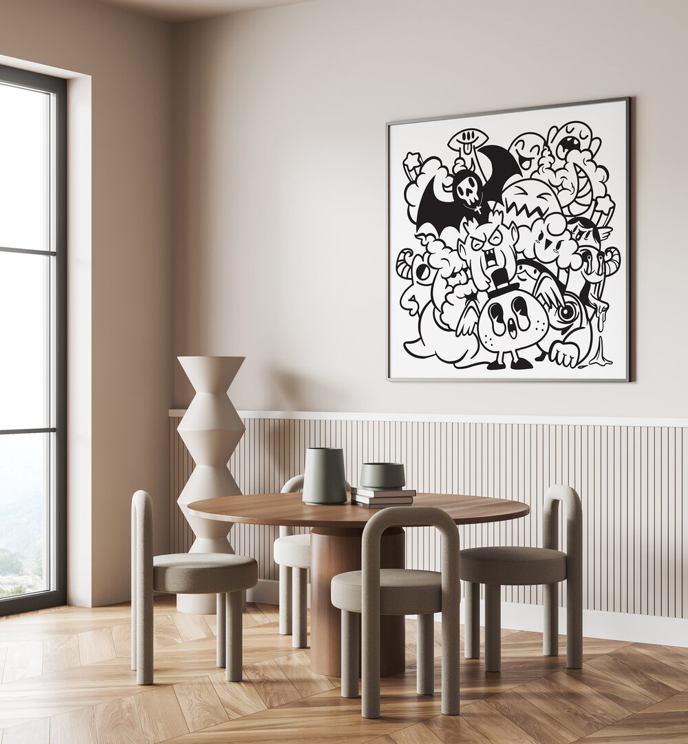 Quirky Quandaries Doodle Art Painting in Black Plain Frame it is placed on the wall behind the dinnning table