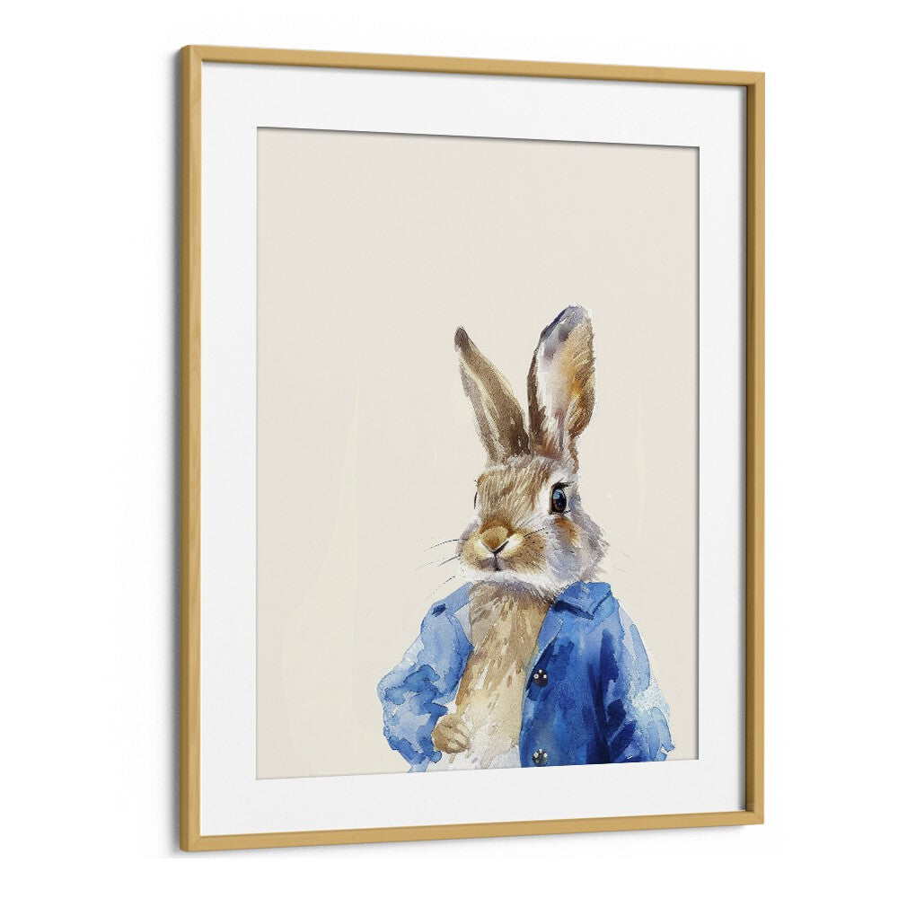 Rabbit In Blue Coat Kids Art Artwork in Oak Wood Frame With Mount
