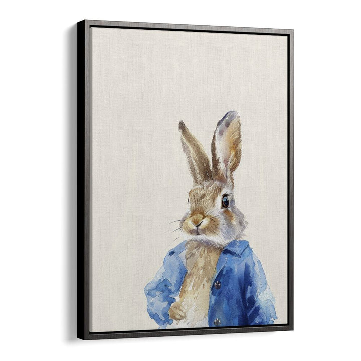 Rabbit In Blue Coat Kids Art Artwork in Black Floater Frame
