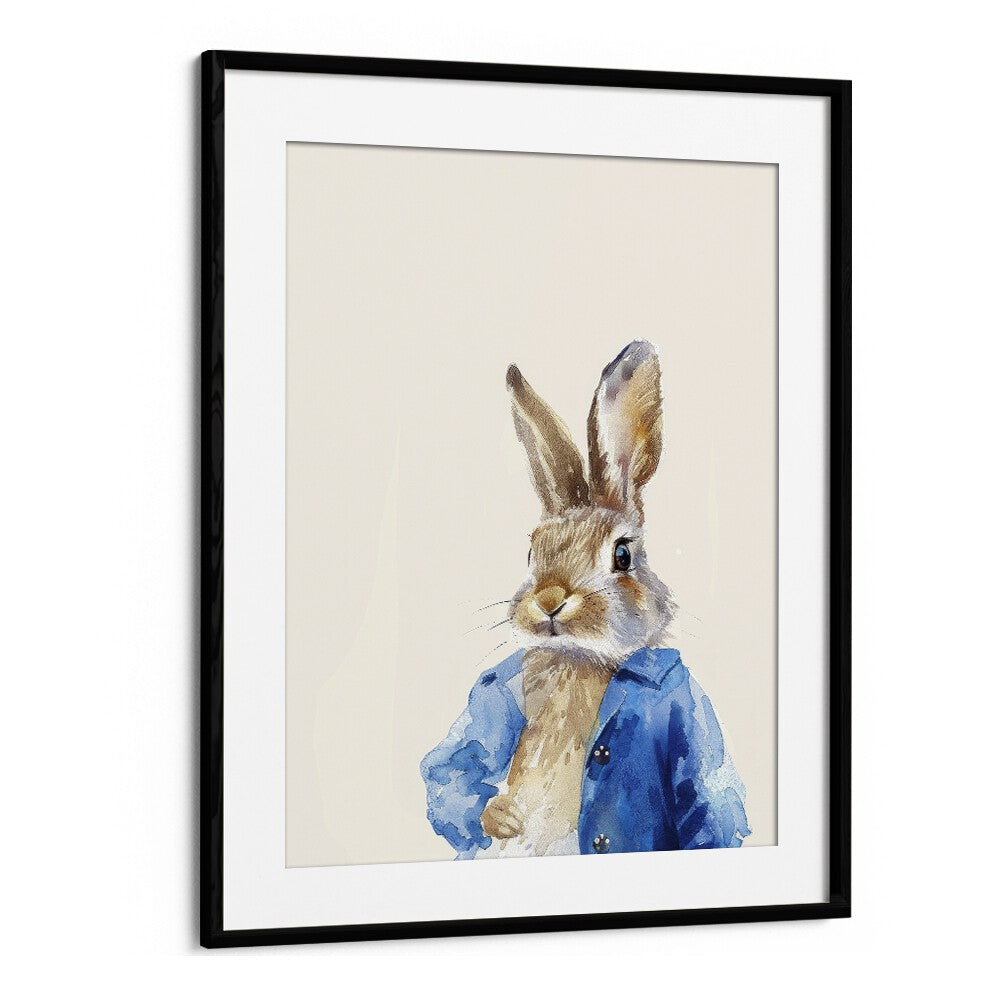 Rabbit In Blue Coat Kids Art Artwork in Black Frame With Mount
