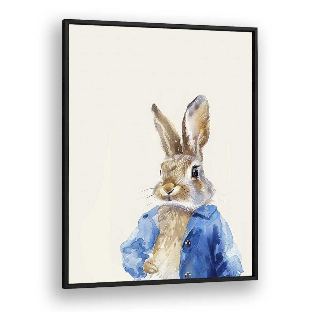 Rabbit In Blue Coat Kids art Artwork in Black Plain Frame
