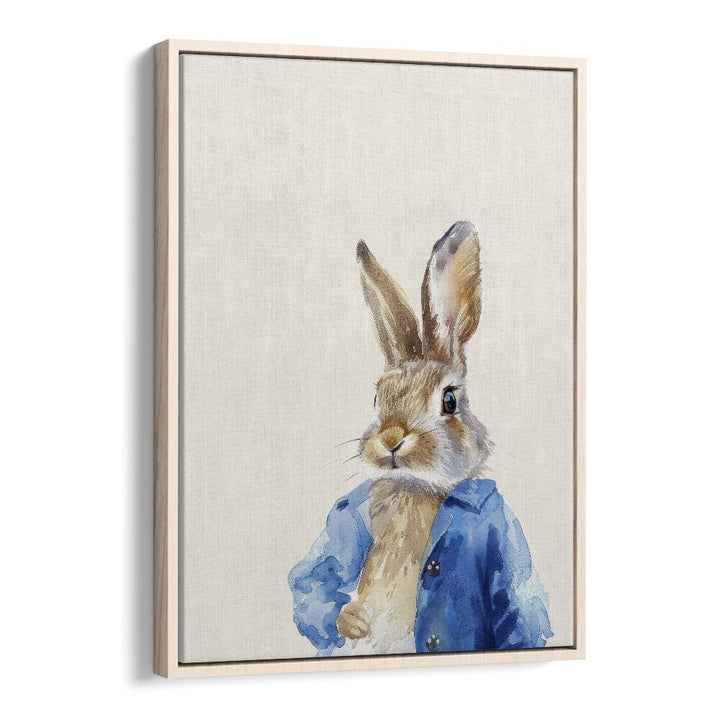 Rabbit In Blue Coat Kids Art Artwork in Oak Wood Floater Frame
