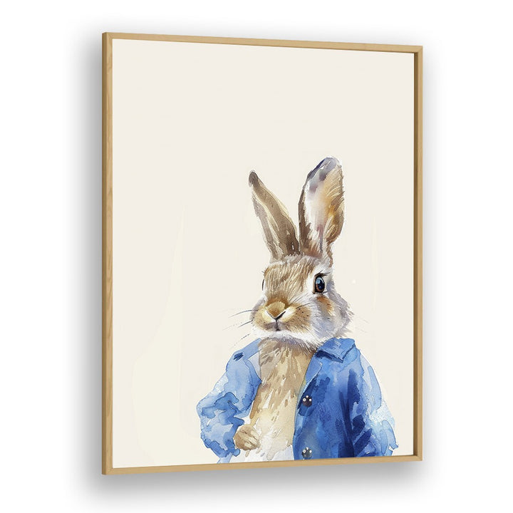 Rabbit In Blue Coat Kids Art Artwork in Oak Wood Plain Frame
