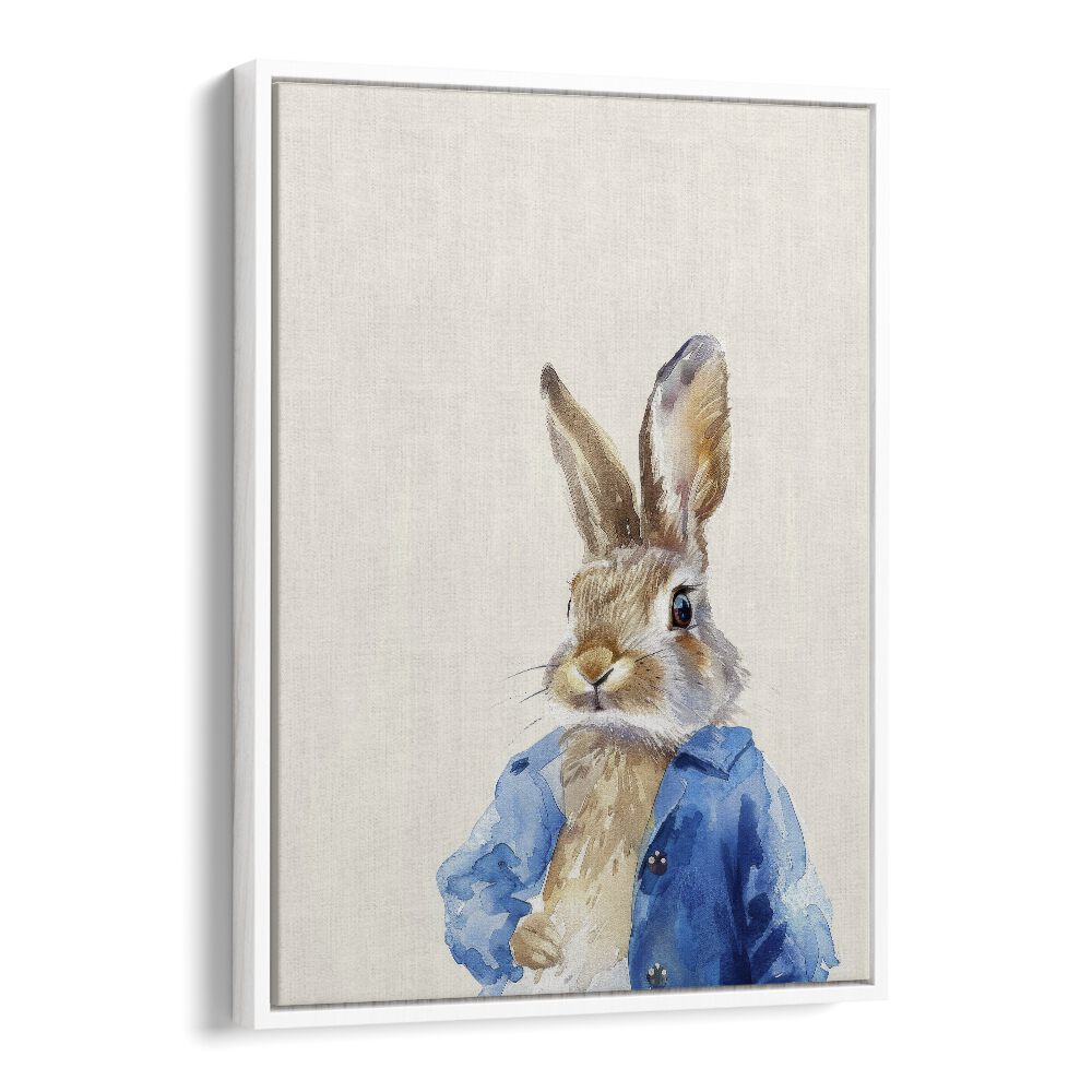 Rabbit In Blue Coat Kids art painting Artwork in White Floater Frame
