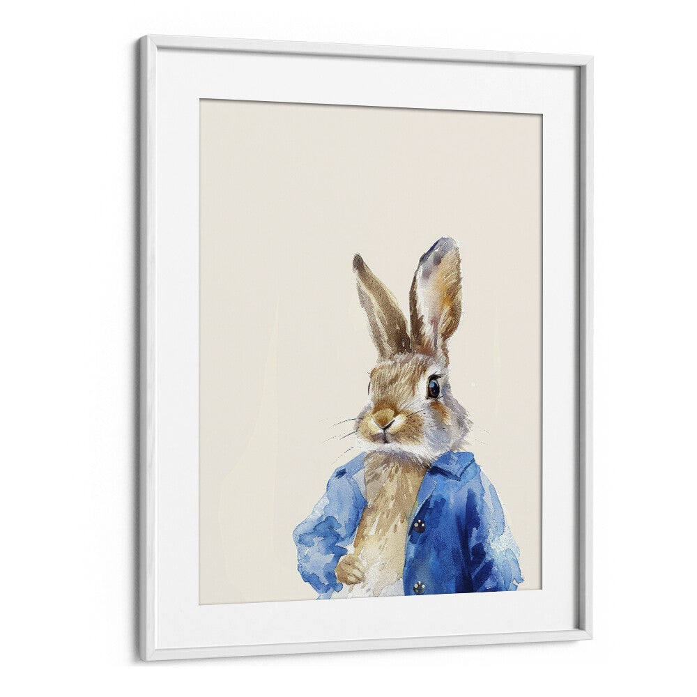 Rabbit In Blue Coat Kids Art Artwork in White Frame With Mount