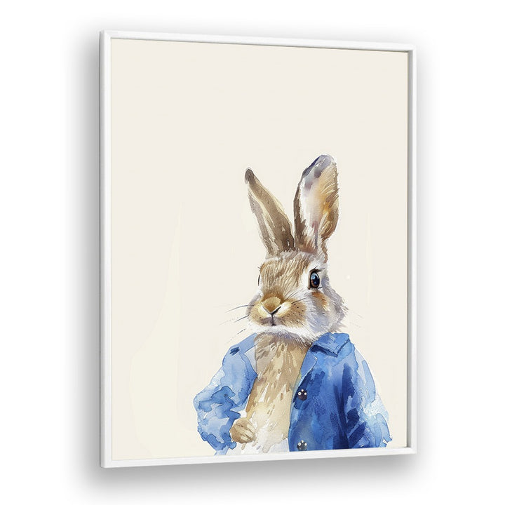 Rabbit In Blue Coat Kids art Artwork in White Plain Frame
