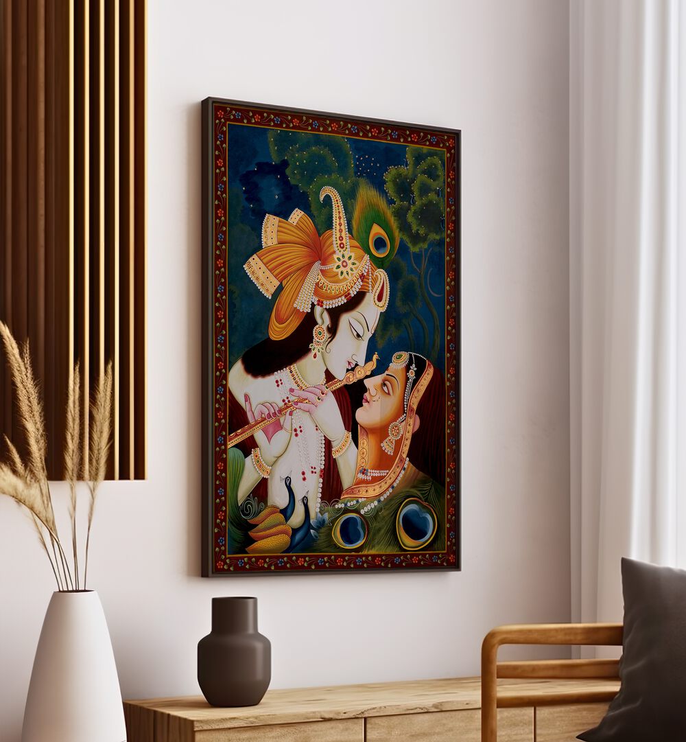 Radha Krishna Painting Artwork Indian Art Painting Artwork in plain black frame above a table on white wall