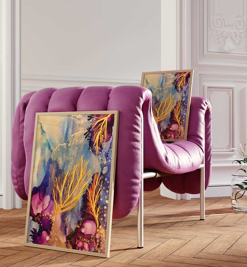 Transform your space with RADIANT REEF II, BEACH PAINTINGS showcasing vibrant ocean beauty in a stylish setting.