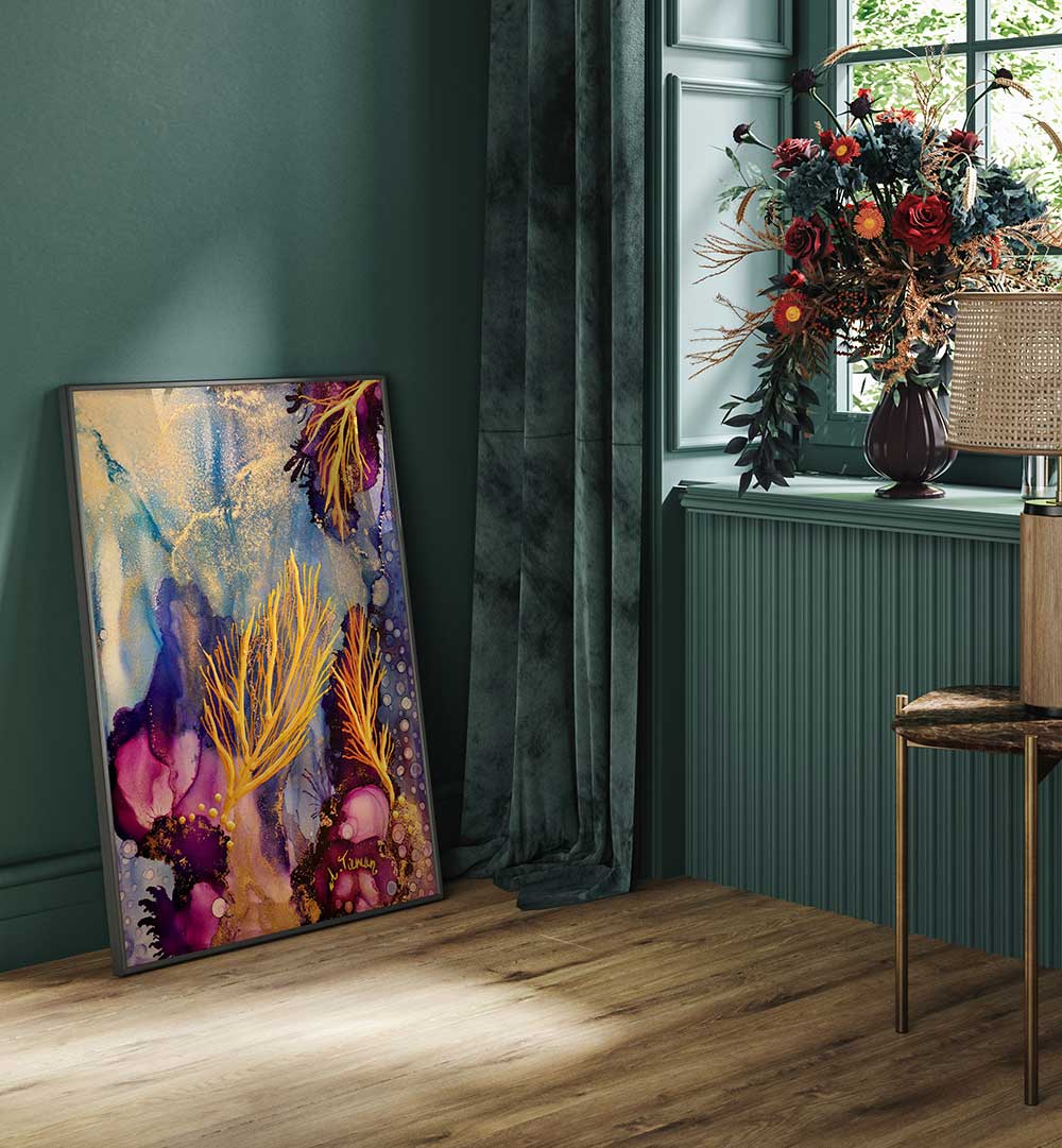 Vibrant RADIANT REEF II, BEACH PAINTINGS adorn a stylish room, capturing the essence of coastal paradise.