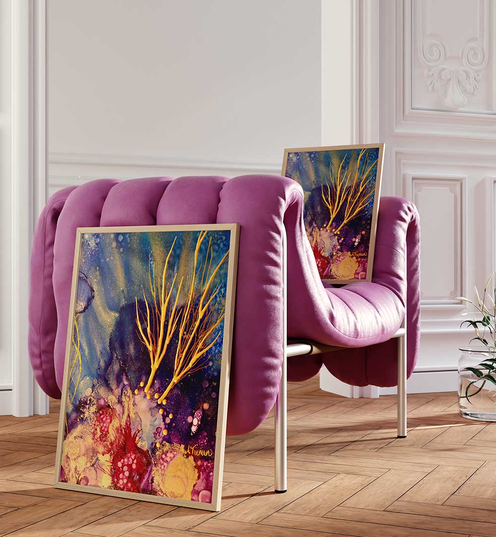 Vibrant RADIANT REEF I, BEACH PAINTINGS displayed in a chic living room, perfect for coastal decor enthusiasts.