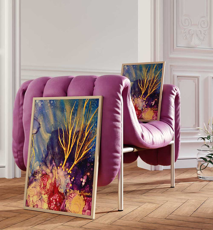 Vibrant RADIANT REEF I, BEACH PAINTINGS displayed in a chic living room, perfect for coastal decor enthusiasts.