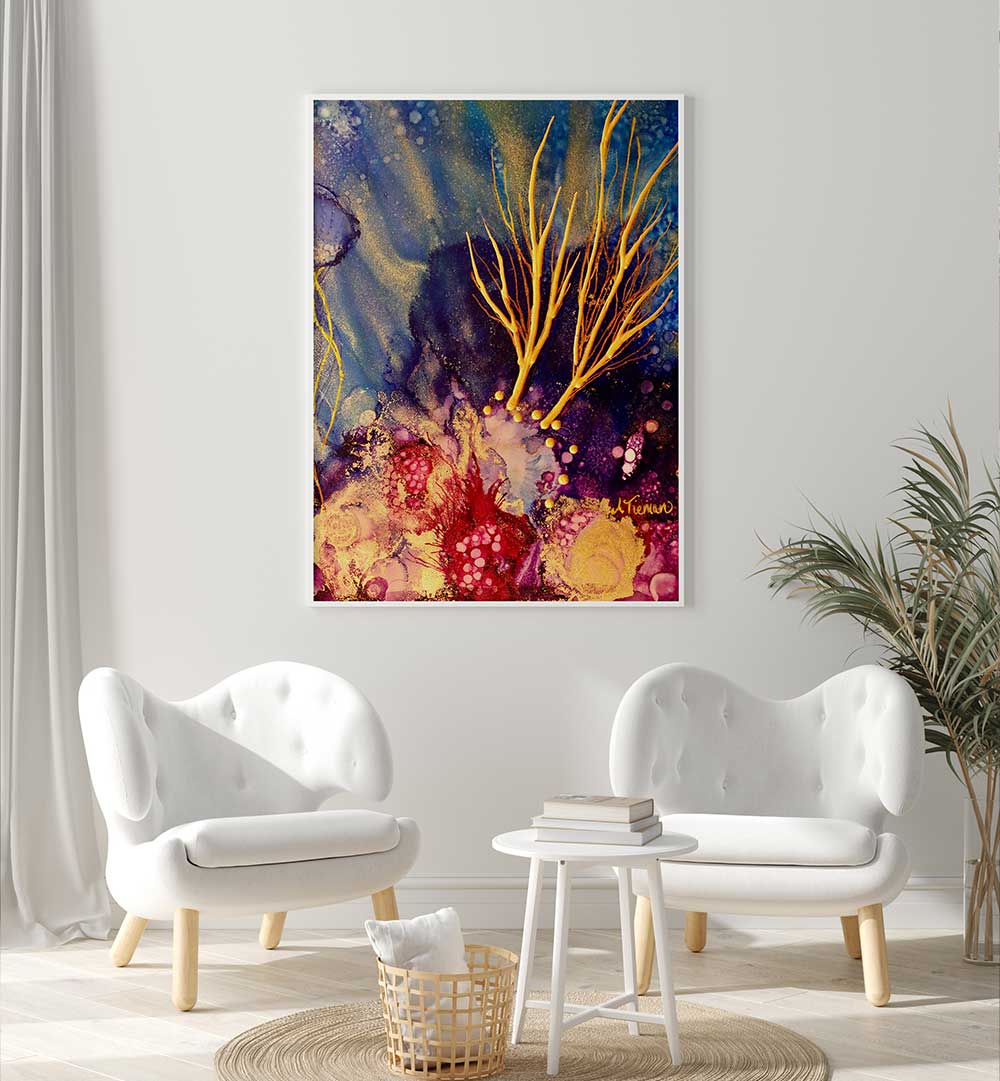 Vibrant RADIANT REEF I, BEACH PAINTINGS adorns a stylish living space, perfect for coastal decor enthusiasts.