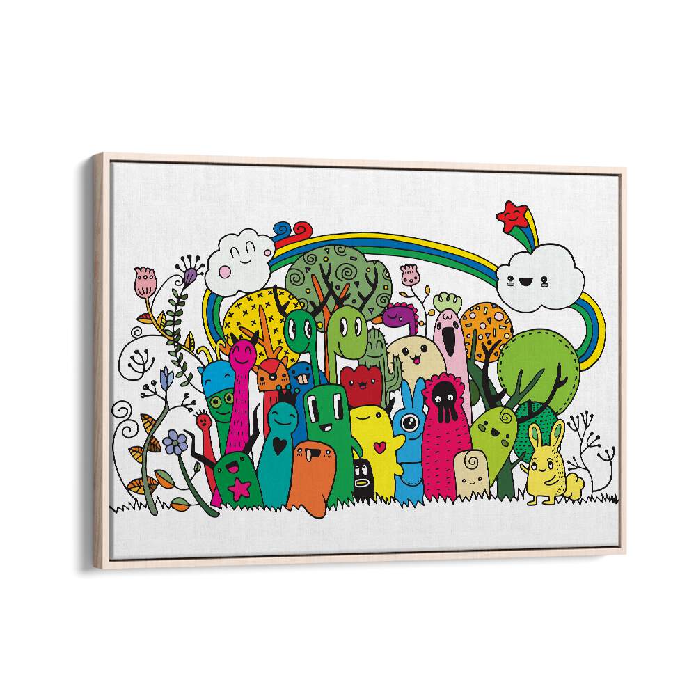 Rainbow Doodle Art Artwork in Oak Wood Floater Frame