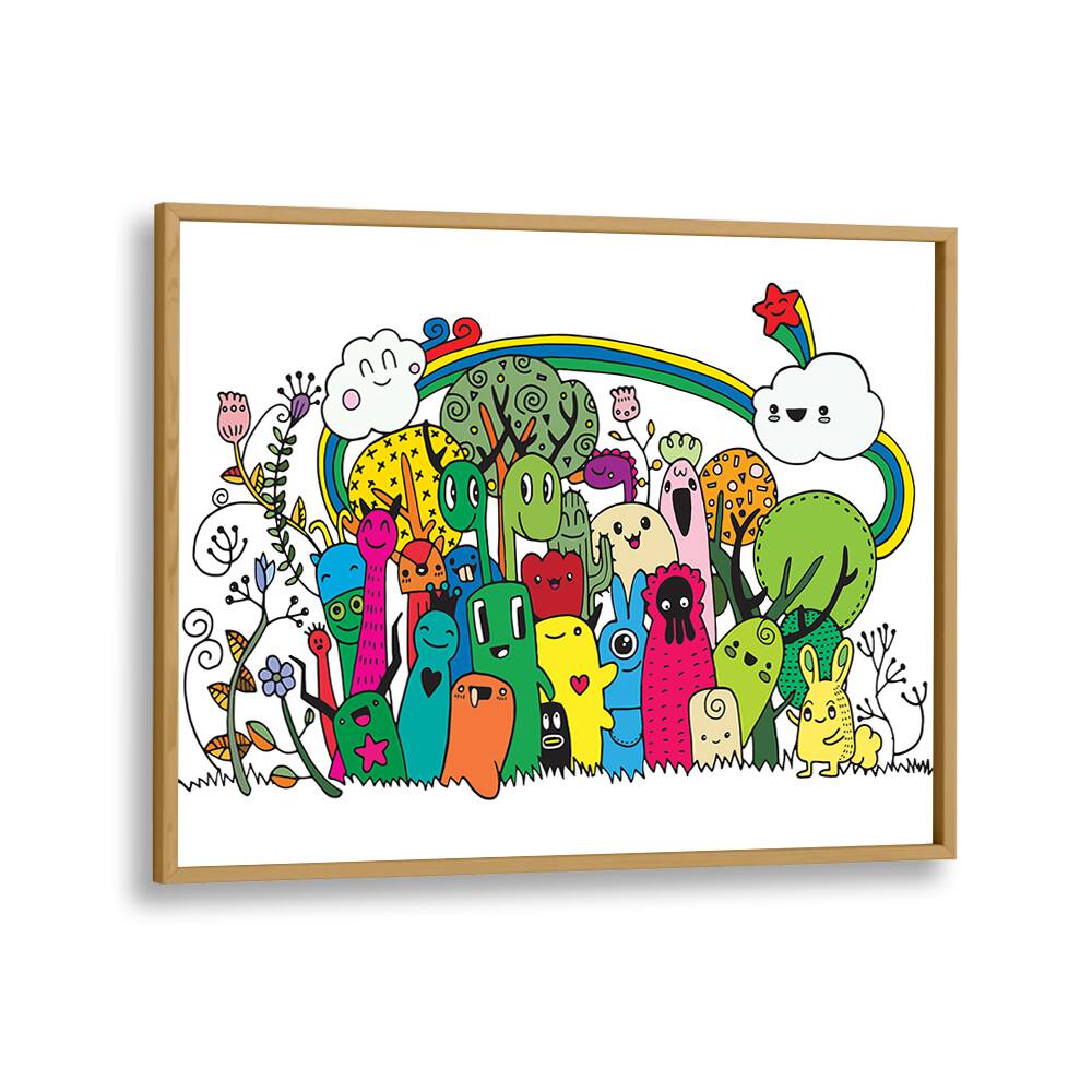 Rainbow Doodle Art Artwork in Oak Wood Plain Frame