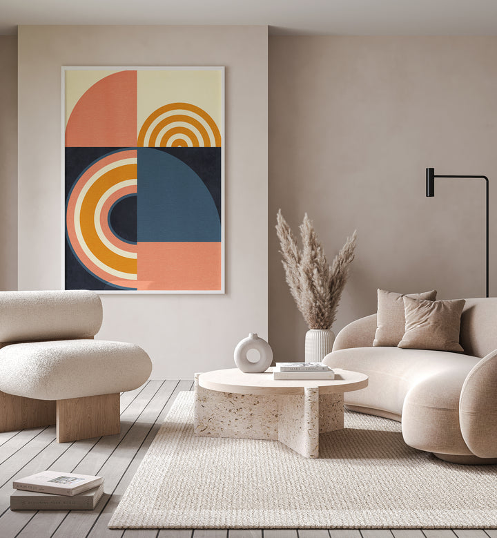 Rainbow Plus Shapes Blue Mustard Geometric Art Artwork Placed on a wall In A Living Room 