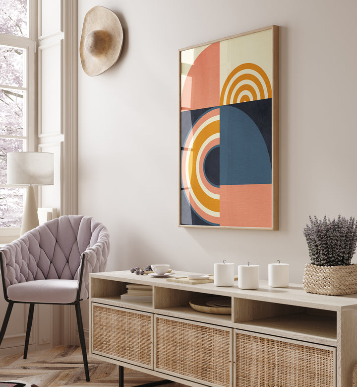 Rainbow Plus Shapes Blue Mustard Geometric Art Artwork Placed on a wall In A Living Room 