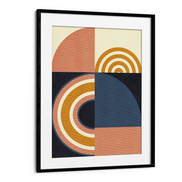 Rainbow Plus Shapes Blue Mustard Geometric Art Artwork in Black Frame With Mount