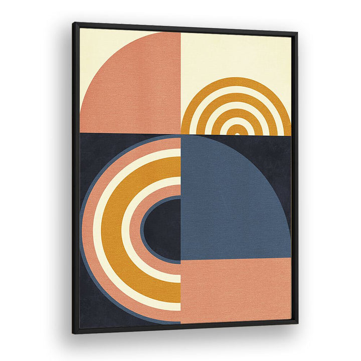 Rainbow Plus Shapes Blue Mustard Geometric art Artwork in Black Plain Frame