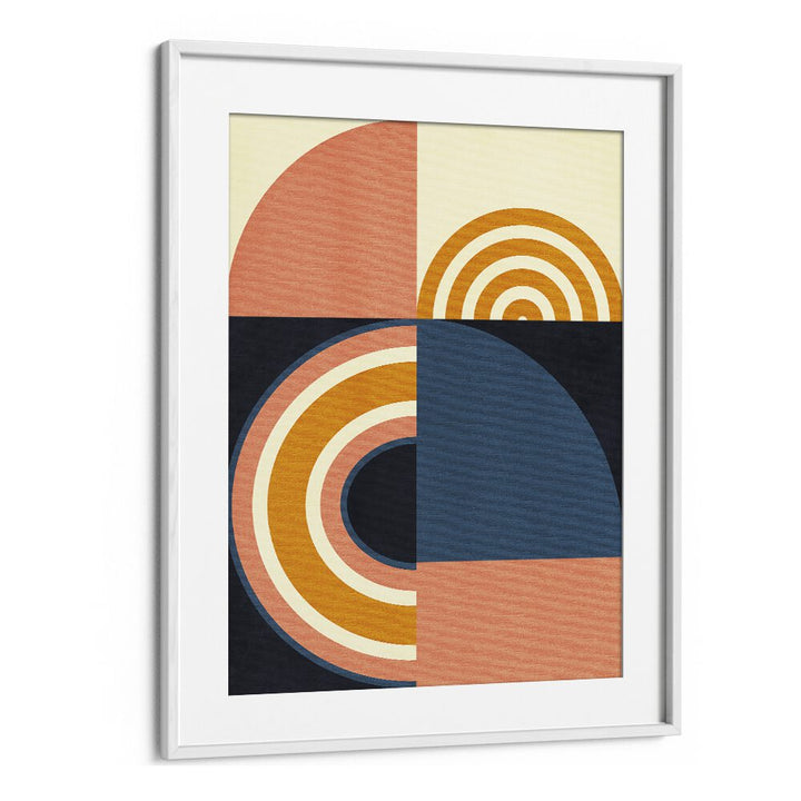 Rainbow Plus Shapes Blue Mustard Geometric Art Artwork in White Frame With Mount